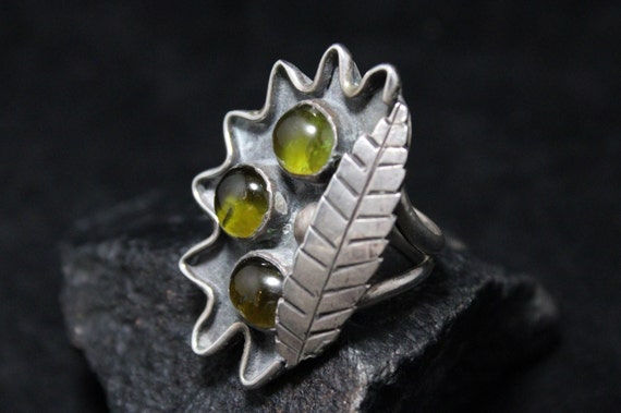 Sterling Silver Heavy Statement Ring with Peridot… - image 1
