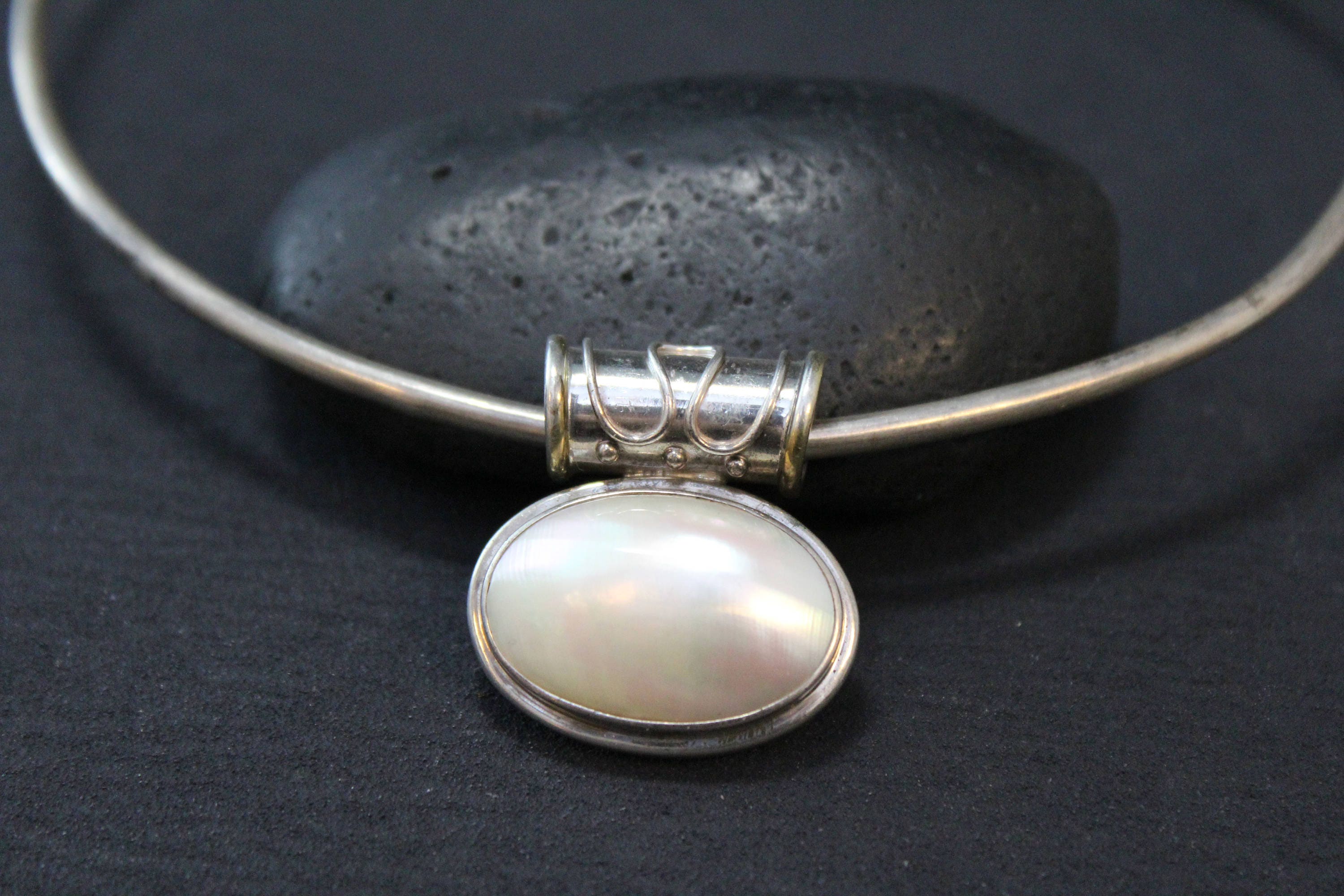 Sterling Silver Mother of Pearl Oval Slide Pendant on Sterling Collar