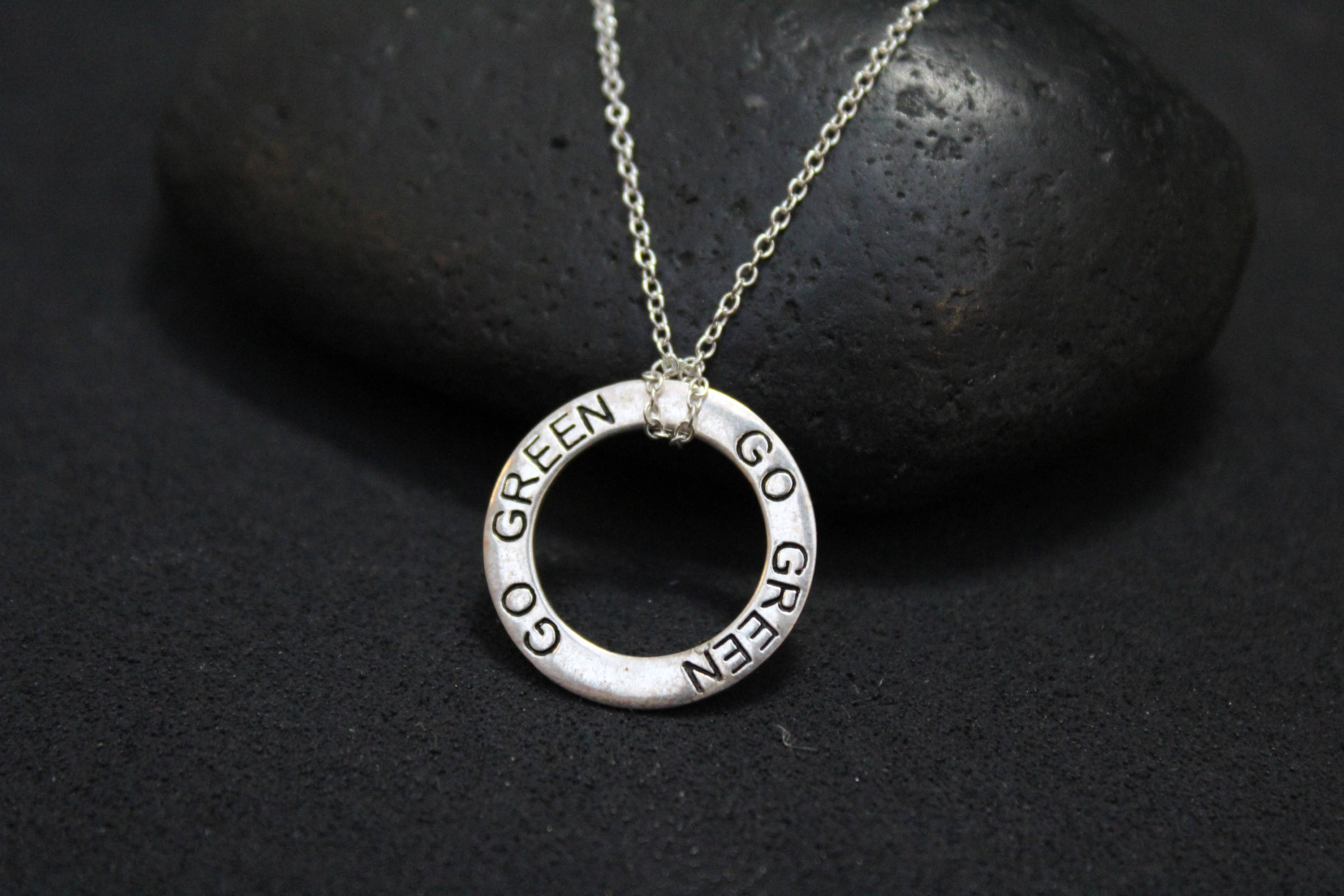 Sterling Silver Go Green Circle Necklace, Go Green Pendant, Environmental Awareness Jewelry
