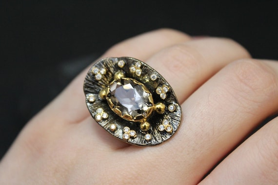 Oxidized Sterling Silver Statement Ring with CZ a… - image 2