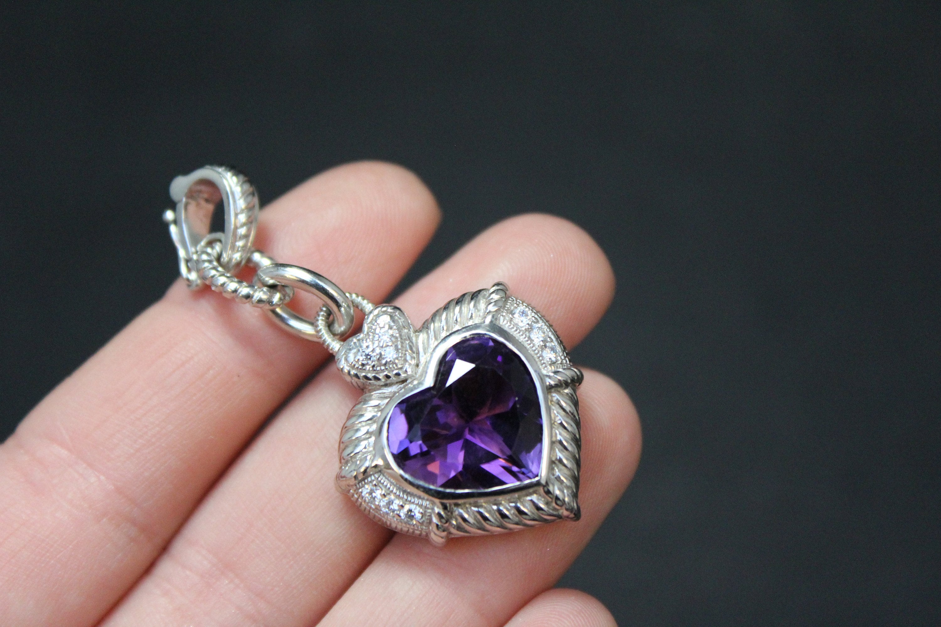 Authentic Judith Ripka Genuine Amethyst Heart Diamonique CZ Accents Textured Elongated Sterling ...