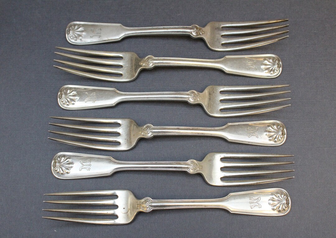 Set of 6 Sterling Silver Tiffany & Co Shell and Thread Forks With