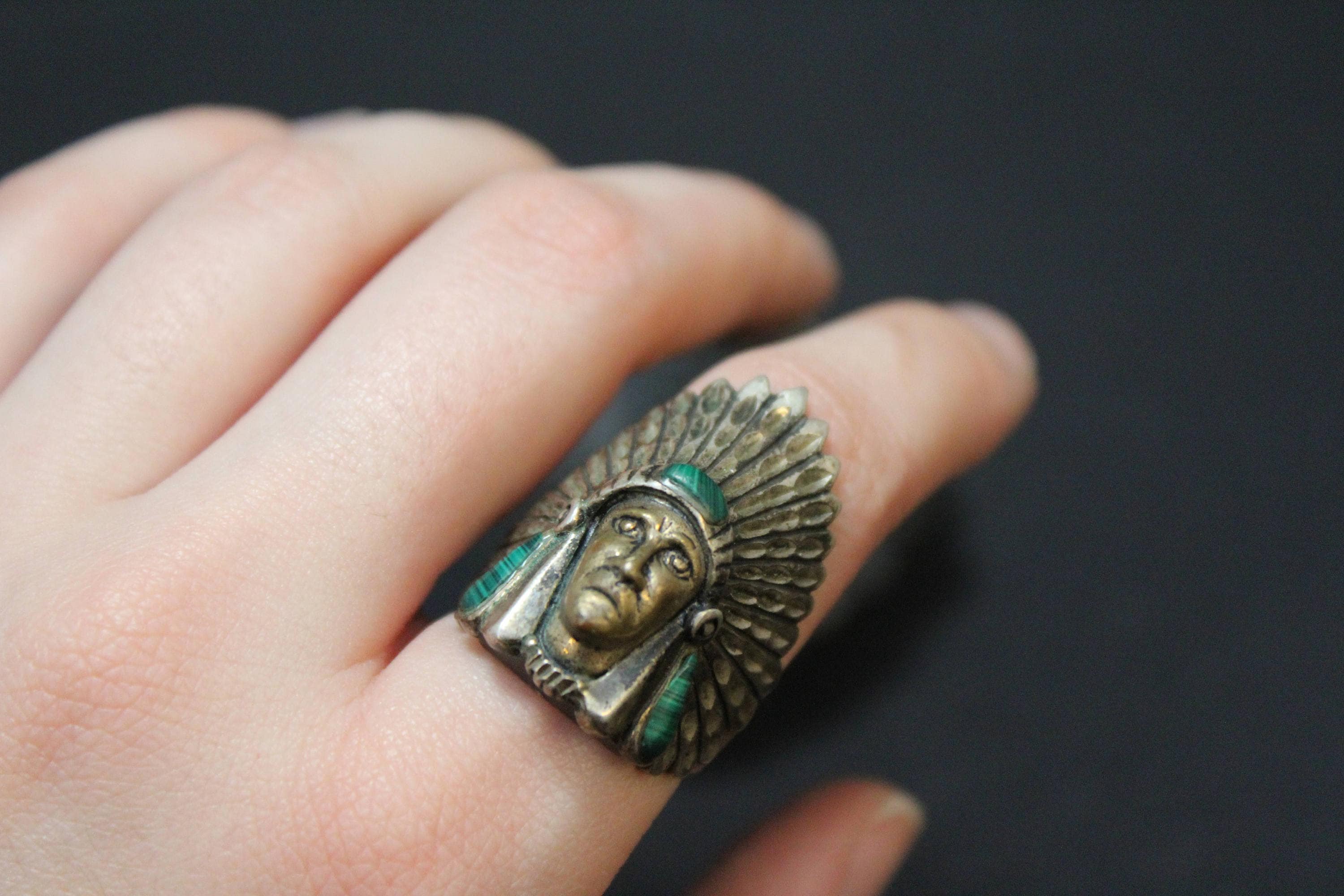 Sterling Silver and Brass Malachite Indian Head Ring, Indian Chief Ring