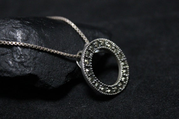 Sterling Silver Marcasite Open Circle Necklace 19… - image 1