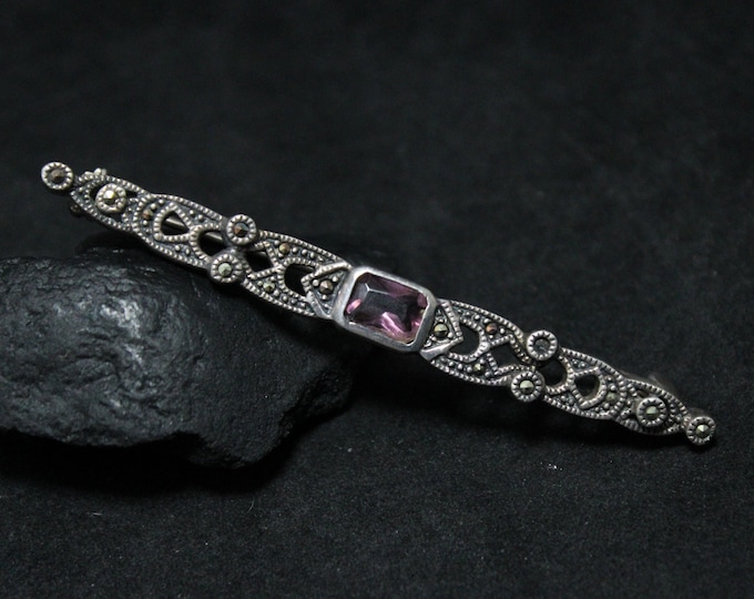 Sterling Silver Amethyst & Marcasite Art Deco Bar Brooch AS IS, Art Deco Filigree Pin, Vintage Amethyst Brooch, Sterling Amethyst Jewelry