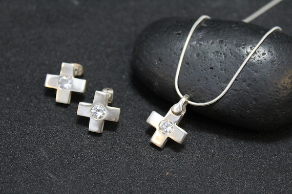 Micro Pave Cubic Zirconia Modern Cross Stud Earrings Sterling Silver