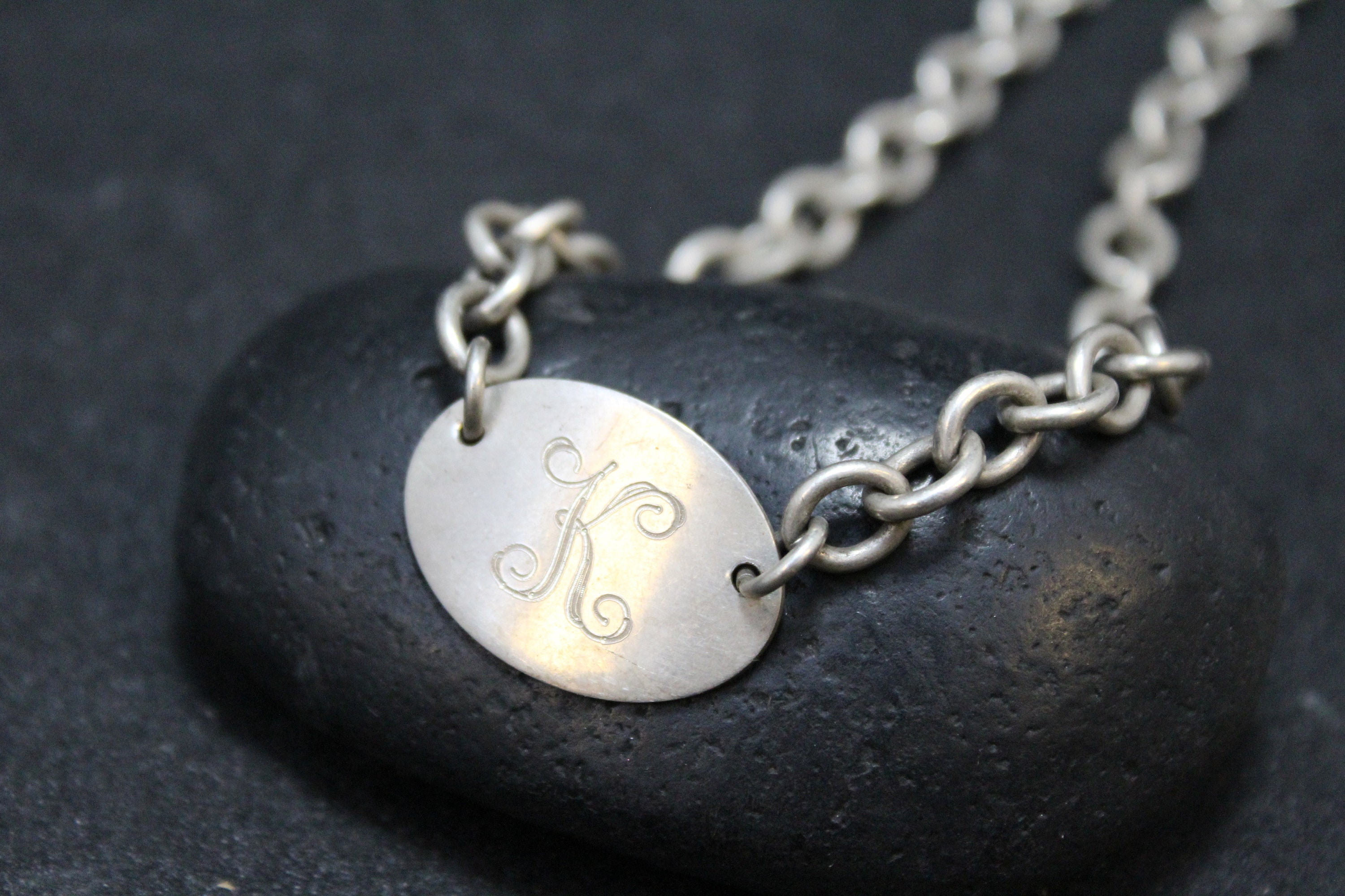 Sterling Silver Trendy Oval Tag Necklace with Inital K, K Name Necklace