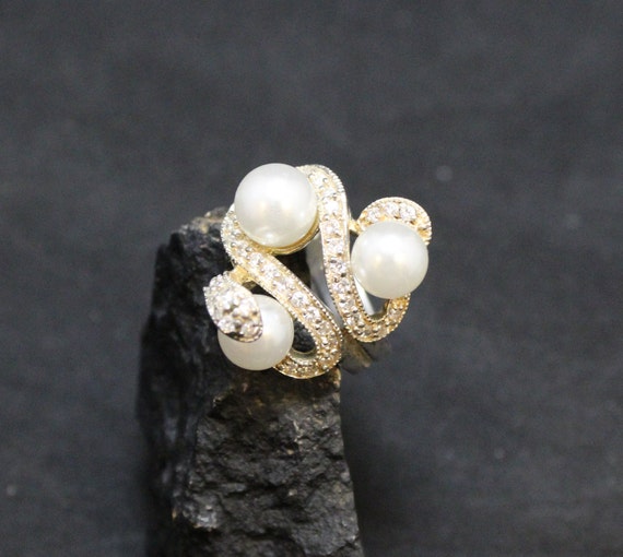 Sterling Silver Pearl and CZ Snake Ring, Sterling… - image 6