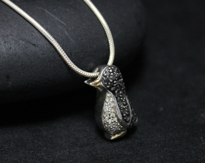 Sterling Silver and 14k Gold Black and White Penguin Necklace, Silver Penguin Jewelry, Modern Sterling Necklace, Black Gemstone Necklace,