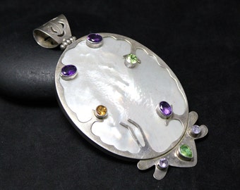 Large Sterling Silver Modernist Mother of Pearl, Amethyst, Peridot, and Citrine Pendant with Hinged Bail, Modernist Silver Jewelry