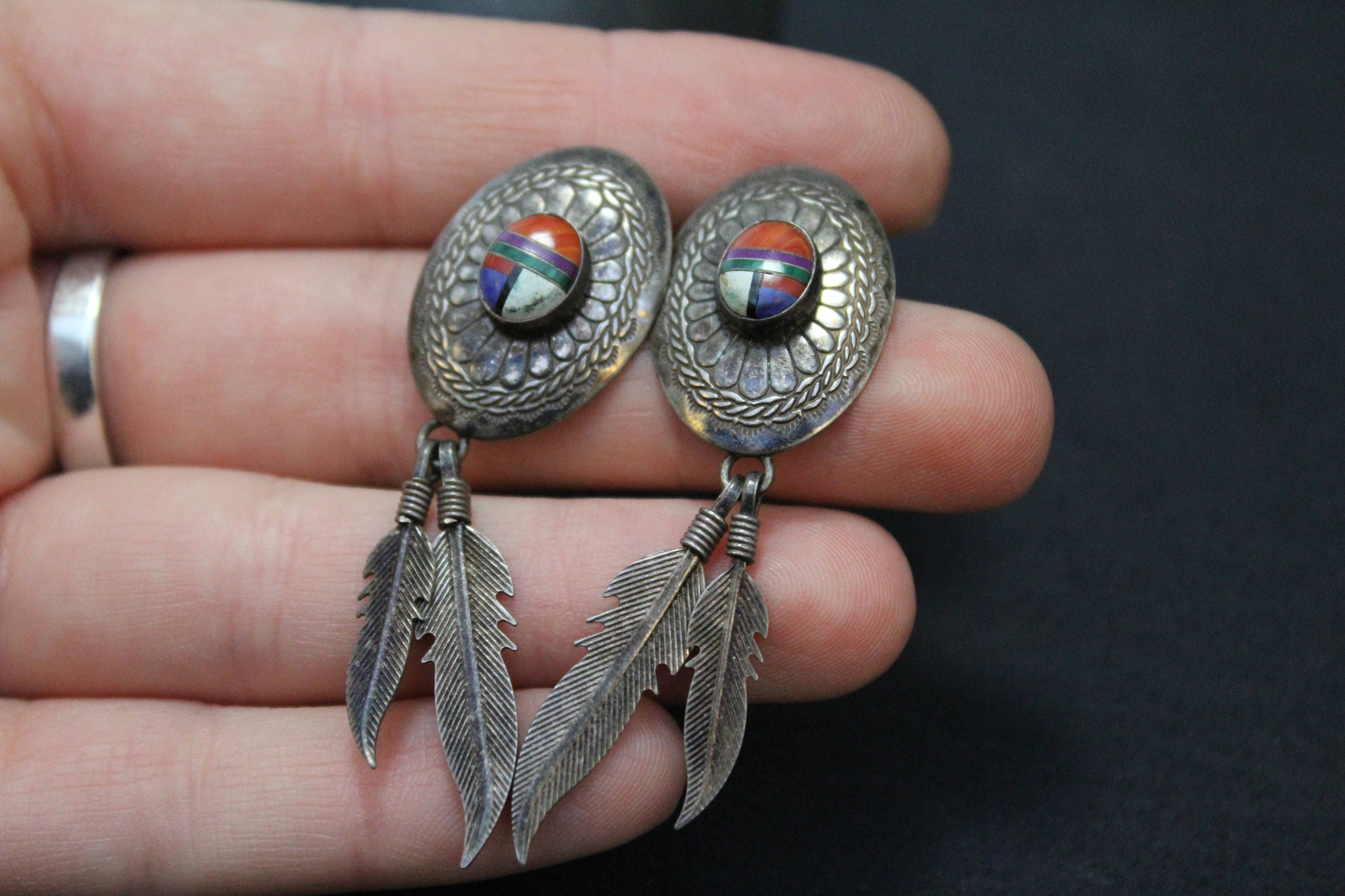 Sterling Silver Native American Inlay Dangle Feather Earrings, Navajo