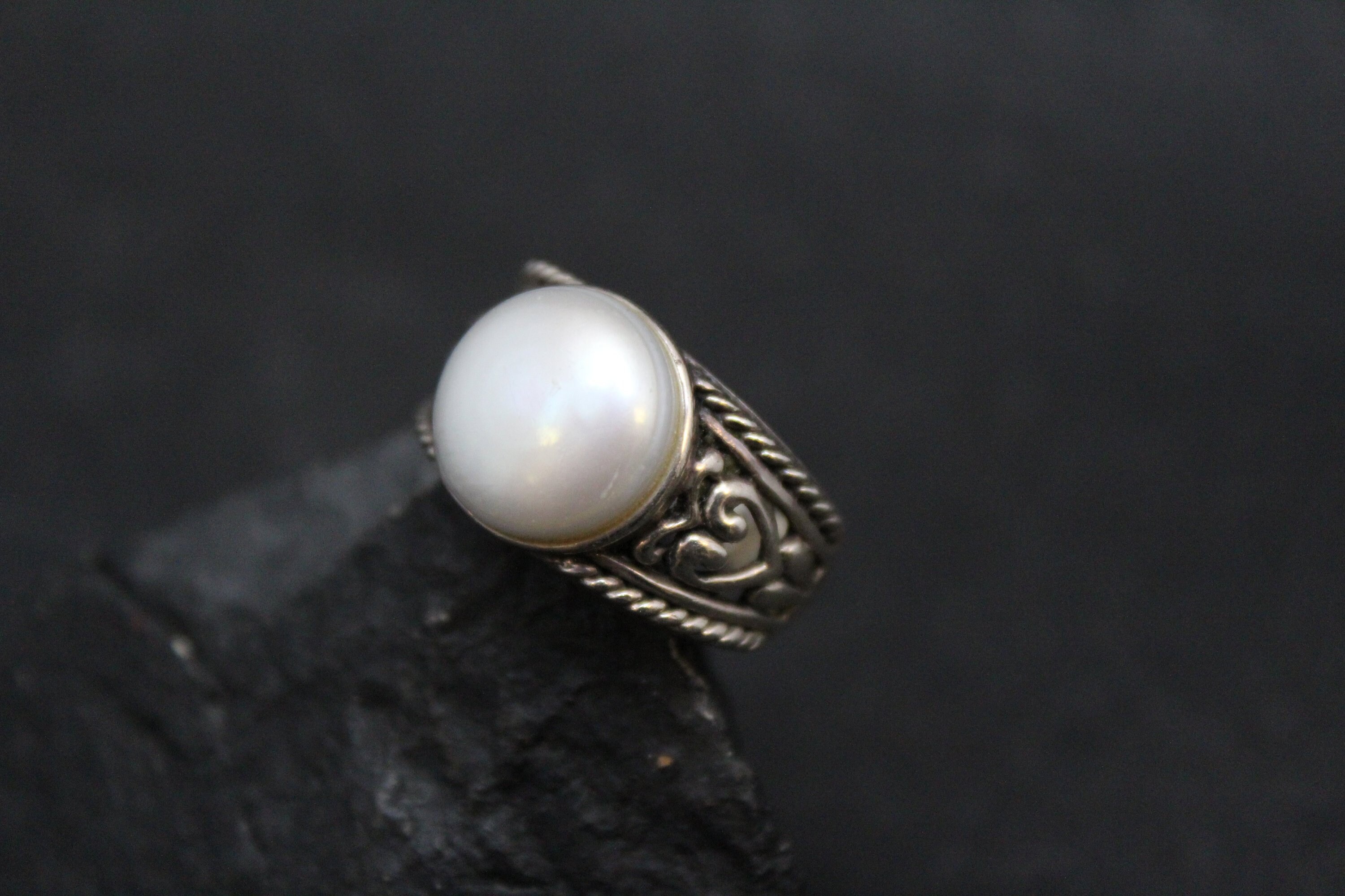 Sterling Silver and Coin Pearl Boho Swirl Ring, Coin Pearl Ring, Button