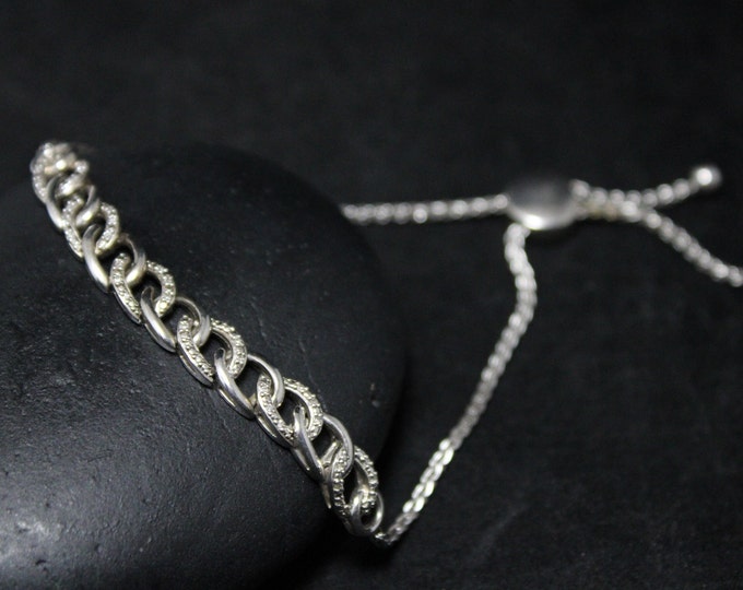 Sterling Silver Bolo Style Curb Link Chain Bracelet With CZ, Sterling Silver Chain Bracelet, Unisex Silver Bracelet, Sterling CZ Jewelry