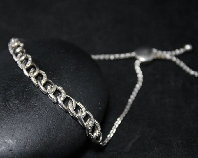 Sterling Silver Bolo Style Curb Link Chain Bracelet With CZ, Sterling Silver Chain Bracelet, Unisex Silver Bracelet, Sterling CZ Jewelry