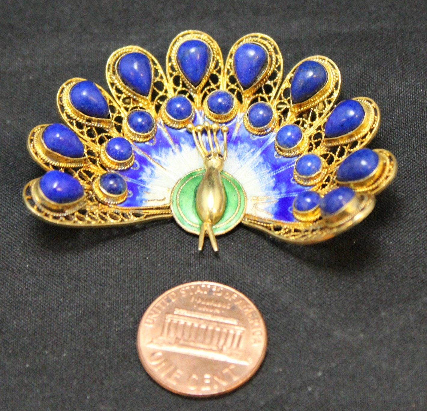 Gold Color Sterling Silver Enamel and Lapis Lazuli Peacock Brooch