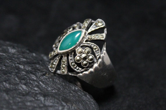 Sterling Silver Art Deco Style Green Chrystoprase… - image 1