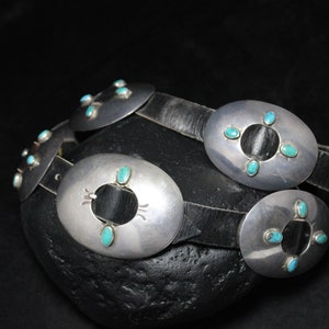 Vintage Southwestern Sterling Silver and Turquoise Concho / Concha Black Leather Belt, Turquoise Sterling Concho Belt, Leather Belt