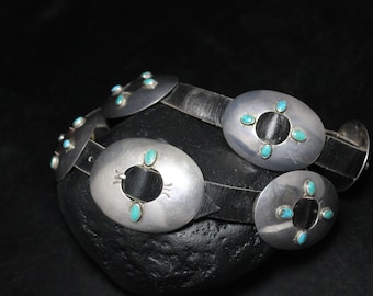 Vintage Southwestern Sterling Silver and Turquoise Concho / Concha Black Leather Belt, Turquoise Sterling Concho Belt, Leather Belt