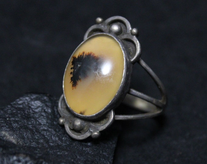 Vintage Sterling Silver Dendritic Agate Beaded Edge Ring, Dendritic Agate Jewelry, Large Agate Statement Ring, Sterling Agate Jewelry