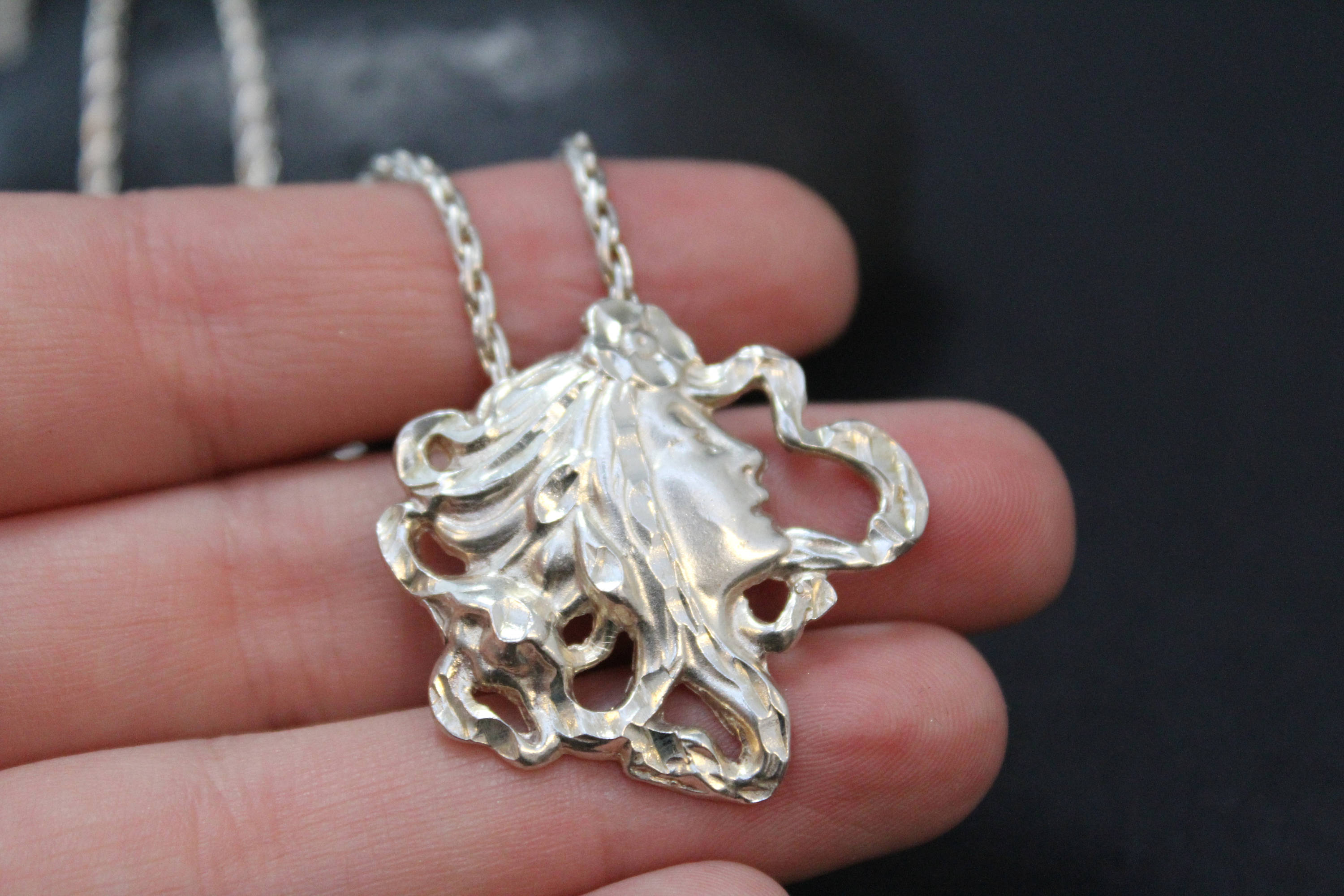 Sterling Silver Goddess Necklace on Long Rope Chain, Sterling Figural