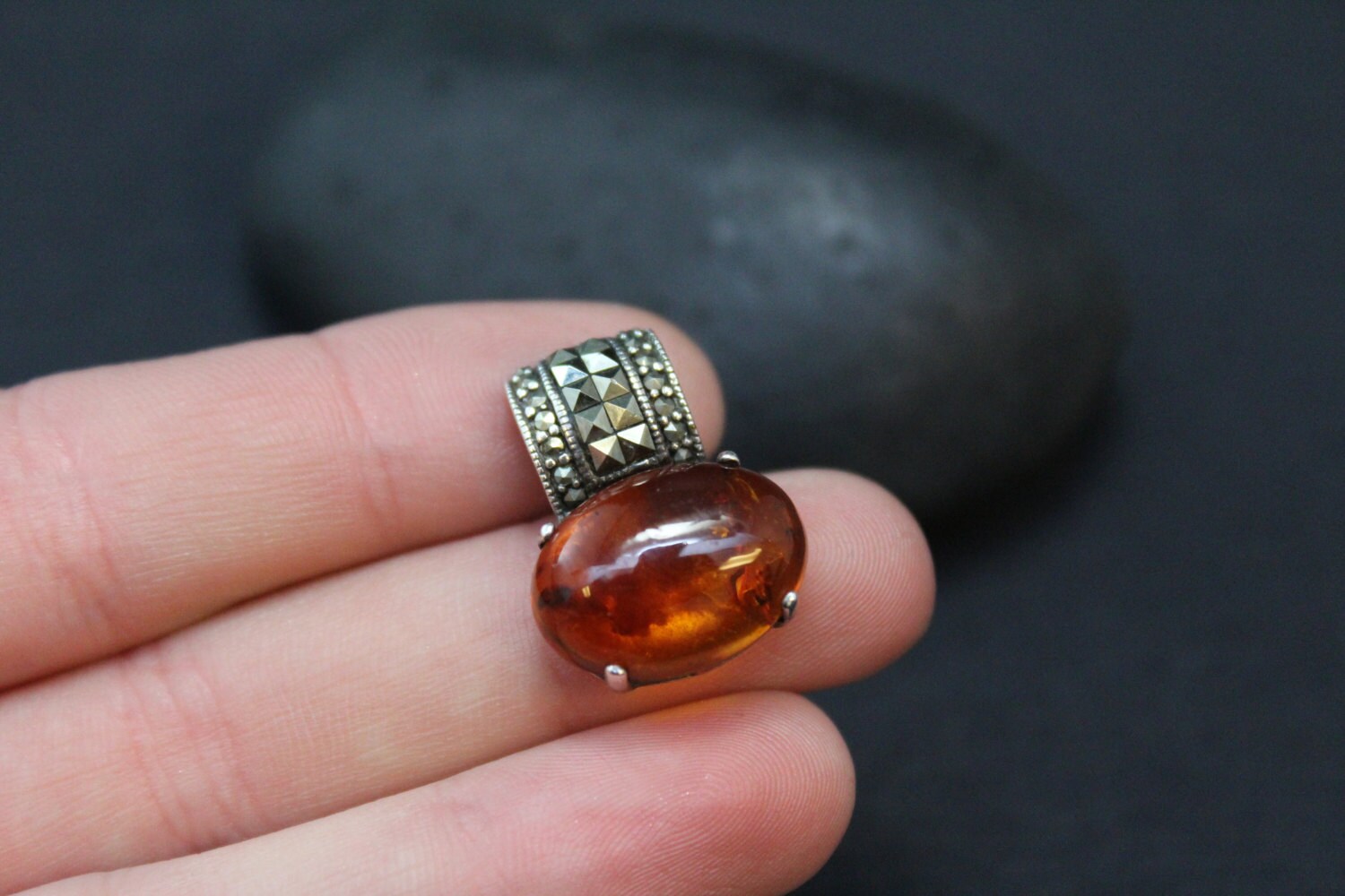 Sterling Silver Art Deco Amber and Marcasite Slide Pendant