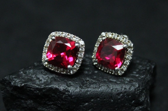 Sterling Silver Lab Created Ruby and CZ Halo Stud… - image 1