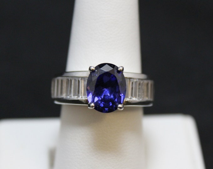 Sterling Silver Dark Blue/Purple CZ Halo Ring, Sterling Silver Halo Ring, Dark Blue CZ Ring, Purple CZ Ring