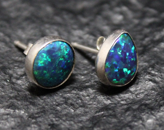 Unique Sterling Silver Mismatched Synthetic Opal Bezel Set Stud Earrings Round and Teardrop, Blue Opal Earrings, October Birthstone,