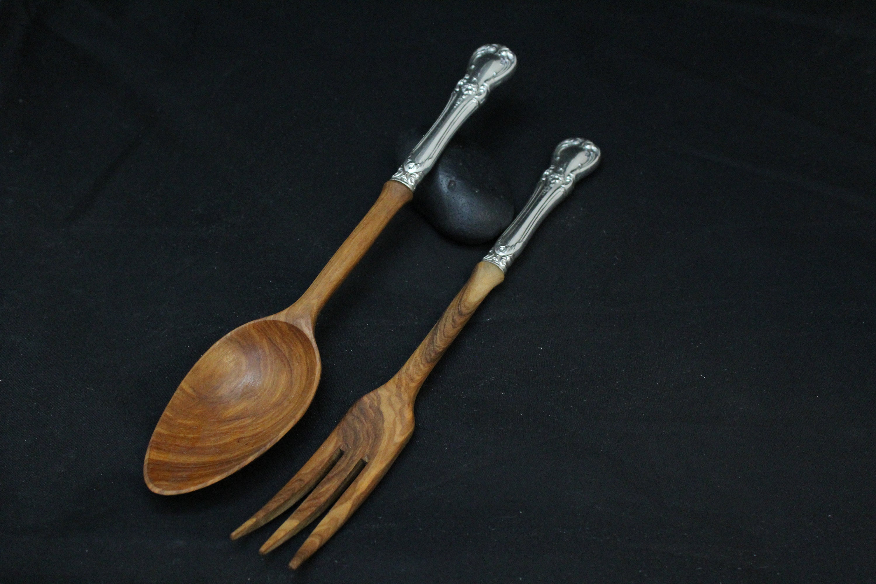 Sterling Silver and Olive Wood Towle Old Master Salad Servers, Sterling