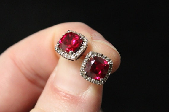 Sterling Silver Lab Created Ruby and CZ Halo Stud… - image 6