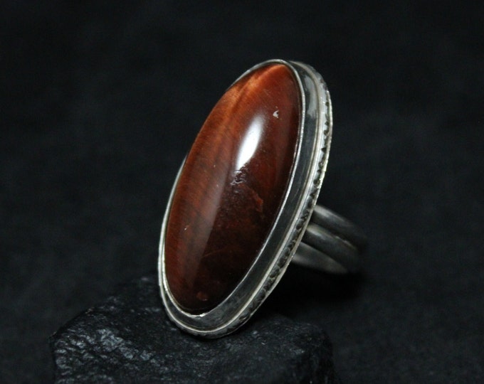 Sterling Silver Long Oval Tiger's Eye Ring Size 6, Southwestern Sterling Tiger's Eye Ring, Tiger's Eye Jewelry, Long Gemstone Sterling Ring