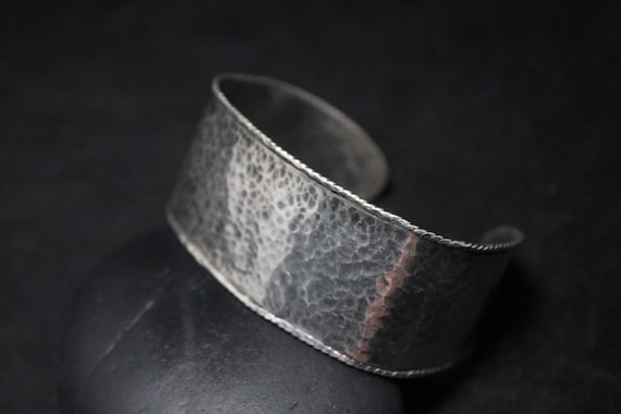 Sterling Silver Hammered Wide Cuff Bracelet, Hamm… - image 1