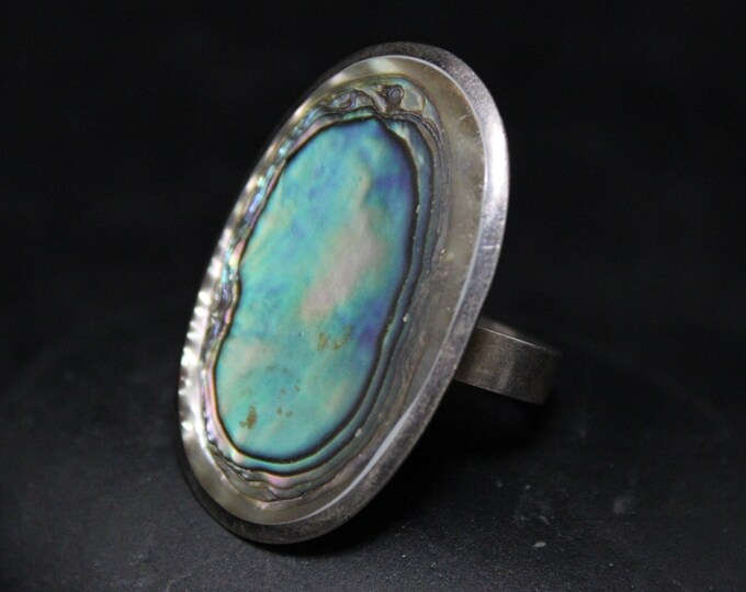 Vintage Sterling Silver Mexican Abalone Adjustable Ring, Sterling Abalone Statement Ring, Abalone Jewelry, Sterling Silver Oval Abalone Ring