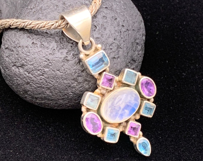 Blue, Purple & Translucent Gemstone Pendant, Sterling Silver Gemstone Pendant on Sterling Silver Balinese Necklace, 925