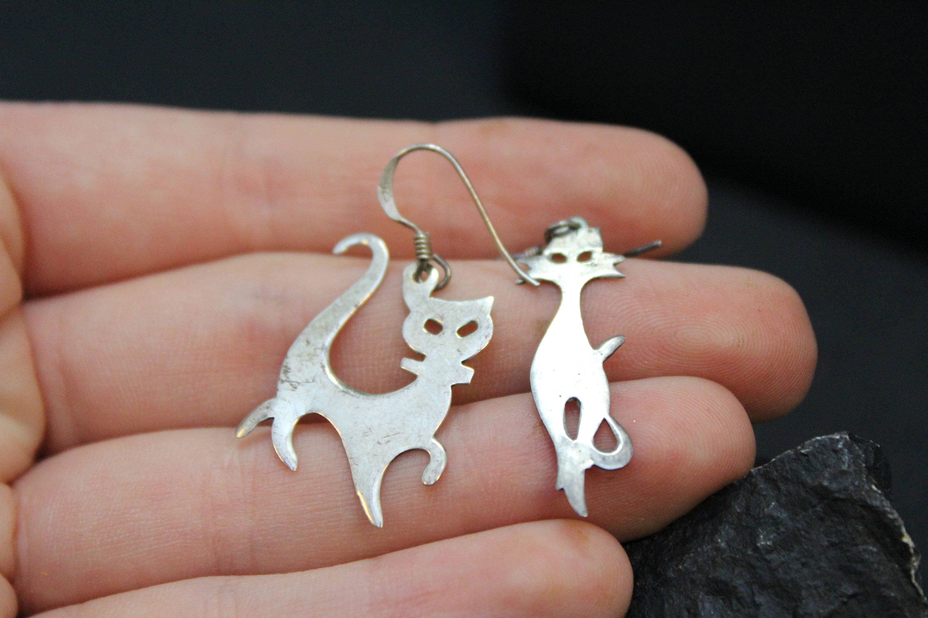 Sterling Silver Mismatched Cat Earrings, Sterling Silver Cat Dangle
