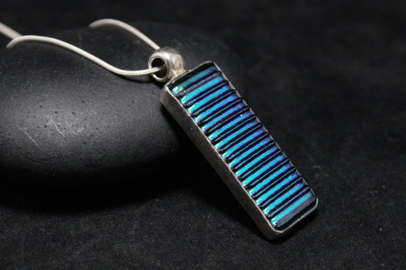 Sterling Silver Taxco Large Art Purple Blue Stipe Glass Necklace, Dichroic Glass Jewelry, Dichroic Glass Necklace, Taxco Dichroic Pendant