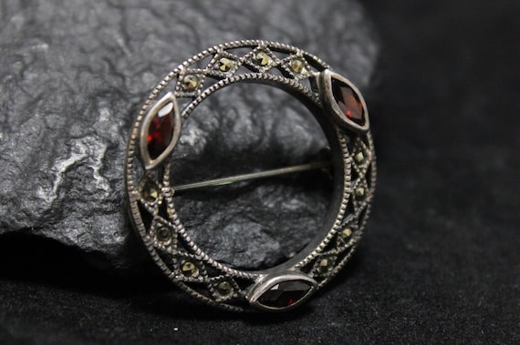 Vintage Sterling Silver, Marcasite, and Garnet Ci… - image 1