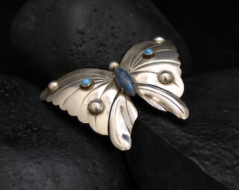 VTG 925 Mexican Silver Blue Gemstone Butterfly Brooch, True Vintage Sterling Butterfly Pin, 2.5 inches tall, 3.25 inches wide