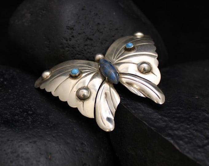 VTG 925 Mexican Silver Blue Gemstone Butterfly Brooch, True Vintage Sterling Butterfly Pin, 2.5 inches tall, 3.25 inches wide