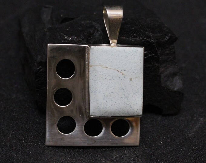 Geometric Sterling Pendant With Circle Cutouts and Rectangular Howlite, Rectangular Howlite Pendant, Circle Cut Out Sterling Pendant, 925
