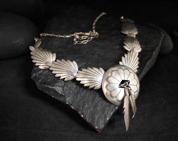 Vintage Sterling Silver Statement Necklace, VTG 925 Southwestern Feather Design Jewelry, Unique Boho Adjustable Length Dreamcatcher Collar