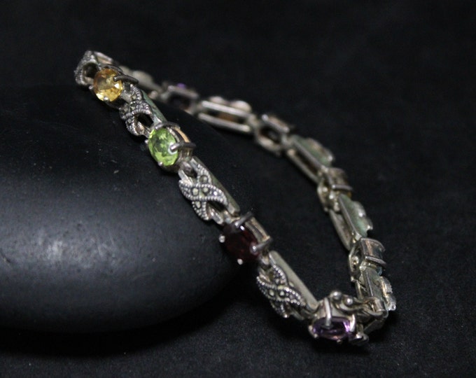 Sterling Silver Multigem Link Bracelet with Garnet Amethyst Peridot Topaz Marcasite, Gemstone Tennis Bracelet, Sterling Tennis Bracelet,