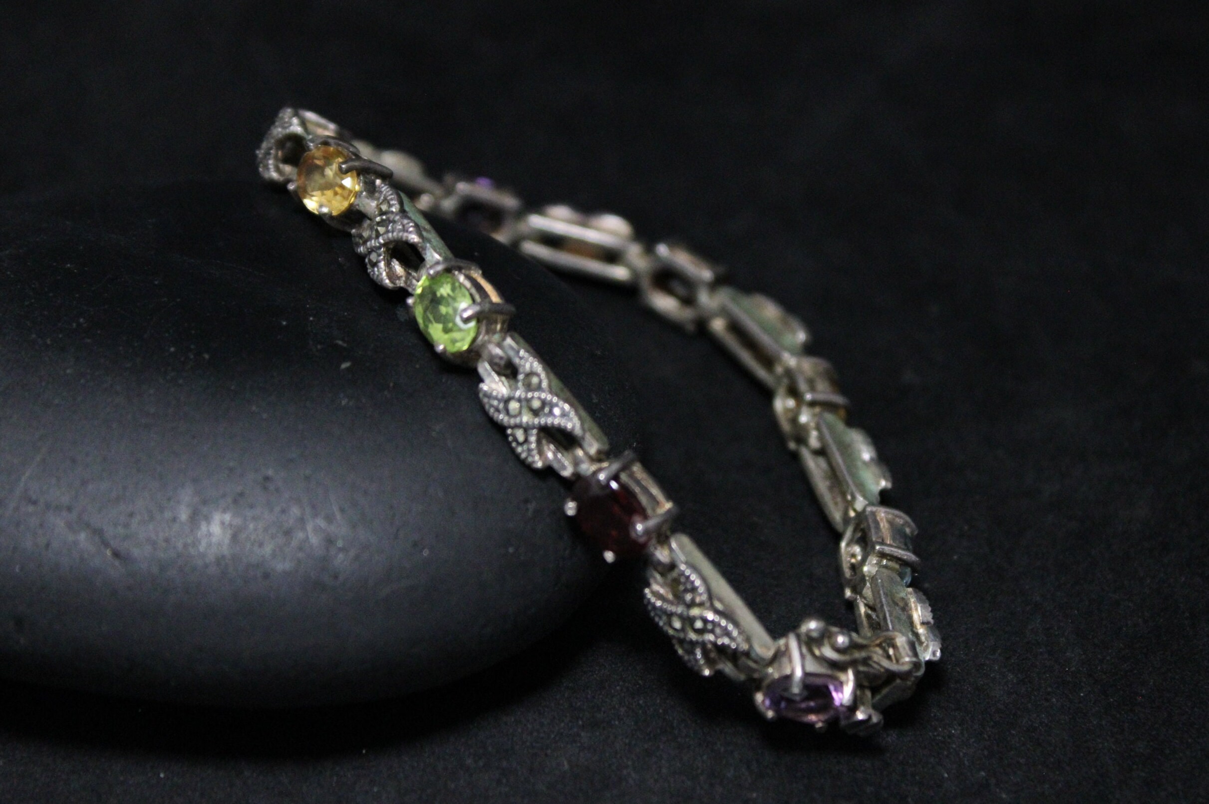 Sterling Silver Multigem Link Bracelet with Garnet Amethyst