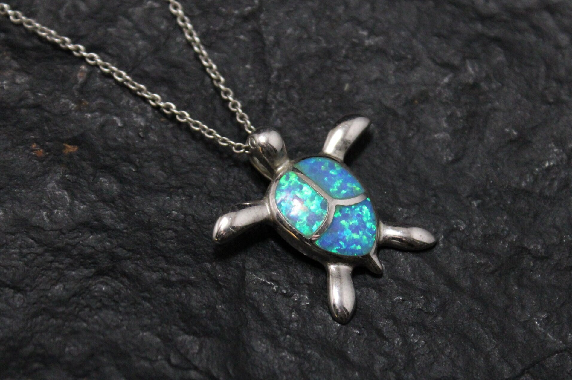 Sterling Silver Synthetic Opal Turtle Necklace, Silver Turtle