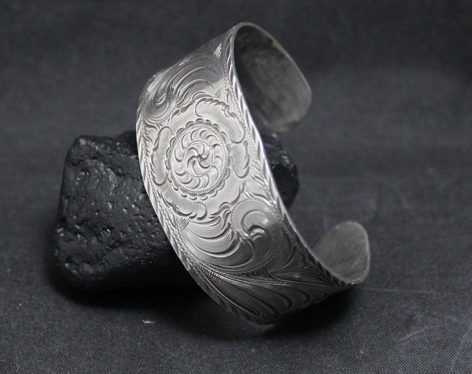 Vintage Sterling Silver Etched Cuff, Sterling Silver Cuff, Etched Cuff, Silver Cuff