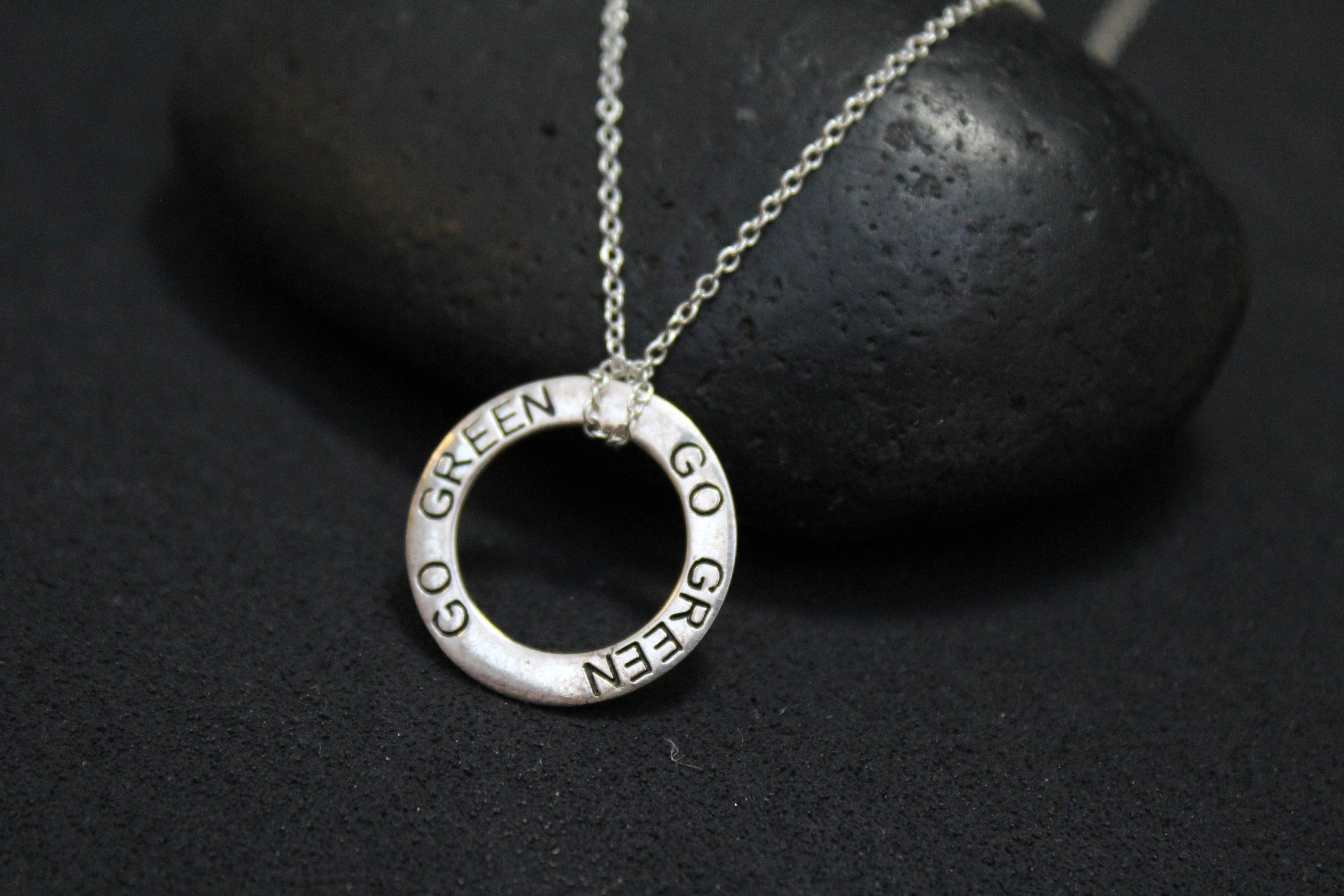 Sterling Silver Go Green Circle Necklace, Go Green Pendant, Environmental Awareness Jewelry