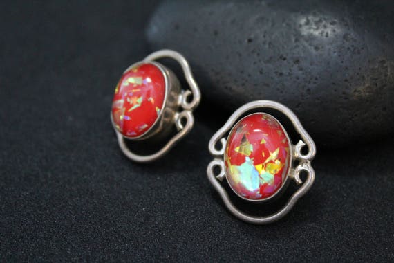 Sterling Silver Red Simulated Opal Earrings, Red … - image 2