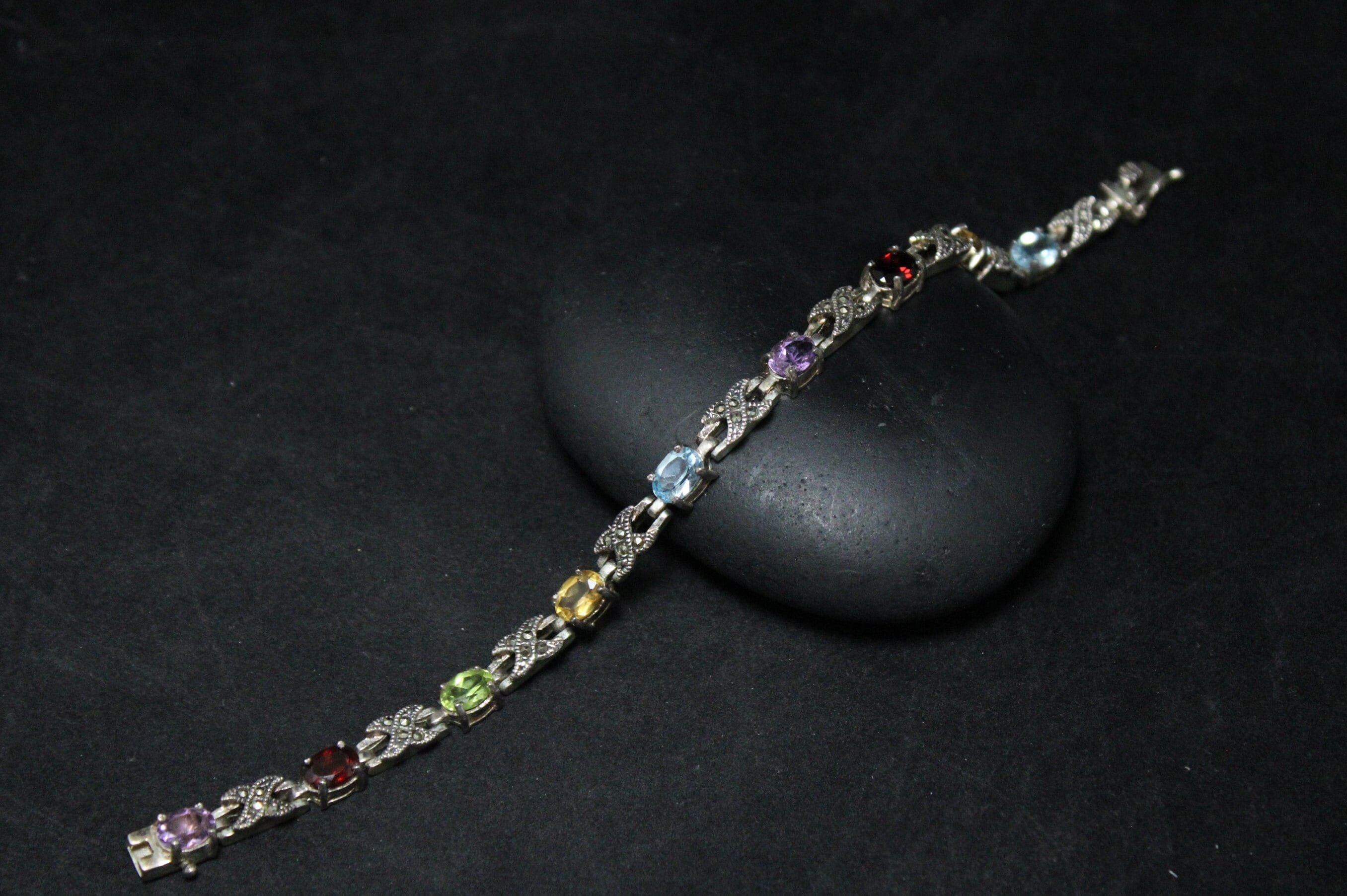 Sterling Silver Multigem Link Bracelet with Garnet Amethyst