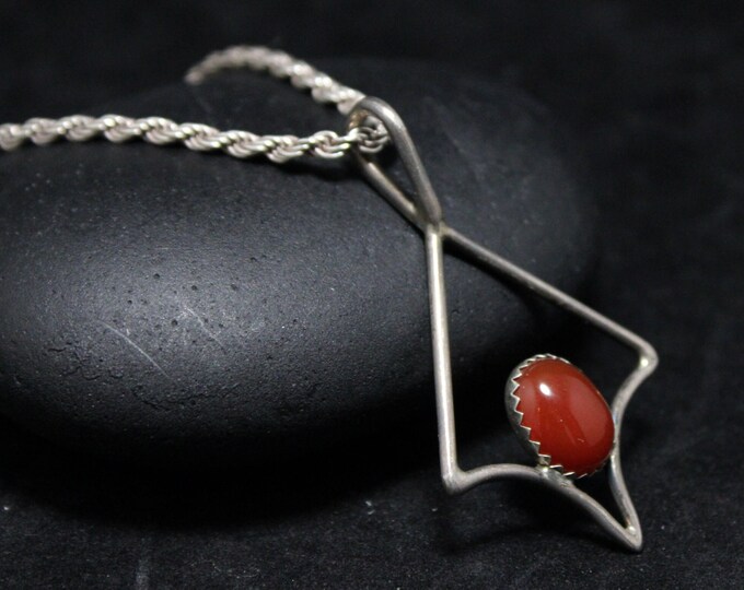 Unique Vintage Sterling Silver Oval Carnelian Necklace, Sterling Carnelian Jewelry, Art Nouveau Carnelian Pendant, Silver Carnelian Jewelry