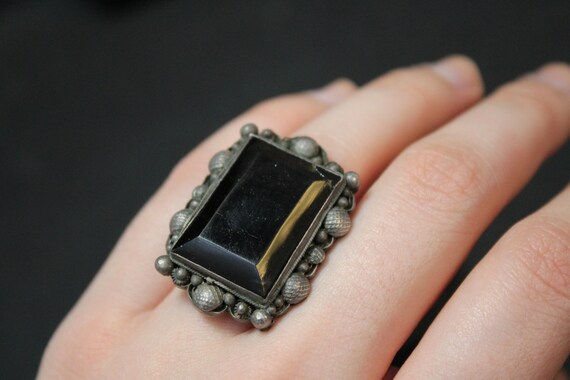 Adjustable Obsidian Ring in Sterling Silver Asian Vintage Style Jewelry Square Gemstone Ring Chinese Auspicious Ring Yun Boutique